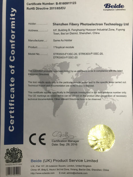 China Shenzhen Fibery Photoelectron Technology Ltd., Certificaten